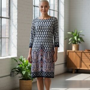 London Times Navy and White Mid-Length Sleeve Dress Size 12